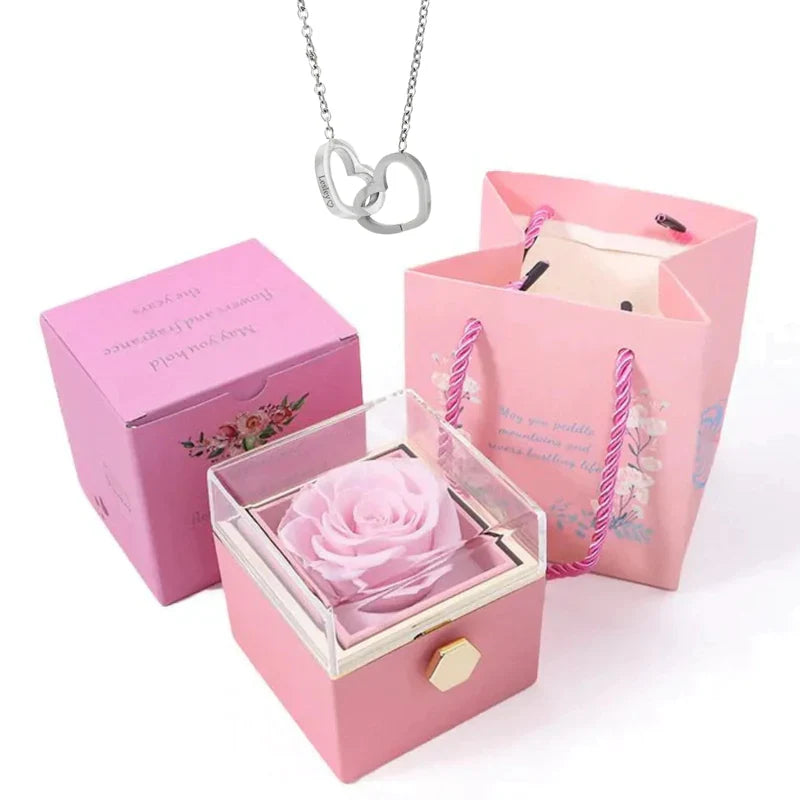 Kit Amor Completo: Rosa Eterna com Colar Personalizado + 2 Chaveiros + Ebook Guia do Amor