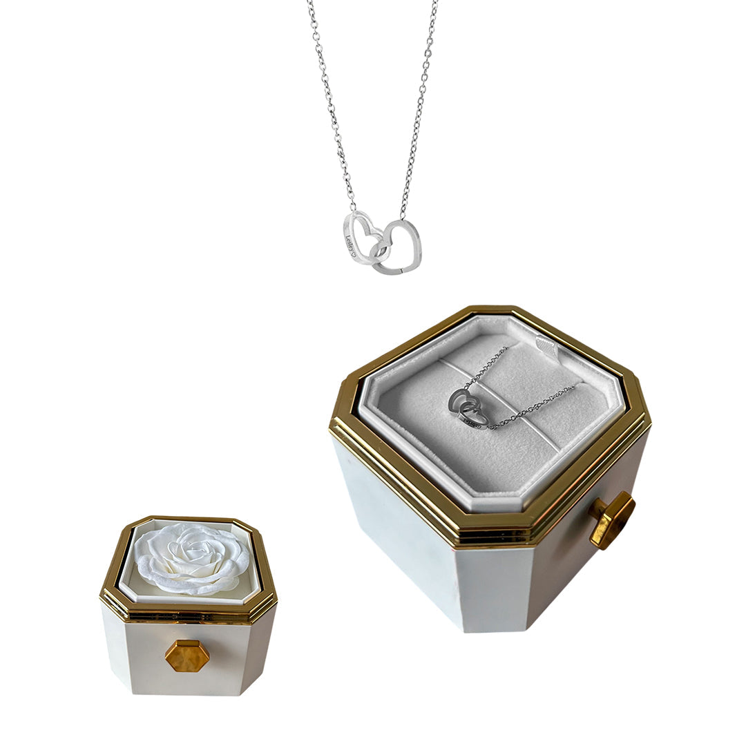 Caixa Rotativa com Rosa Eterna & Colar 2 Corações