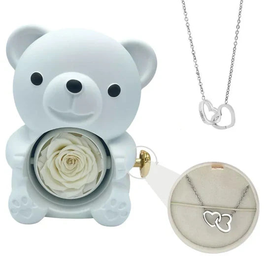 Urso Rotativo com Rosa Eterna & Colar Personalizado + Brinde Surpresa