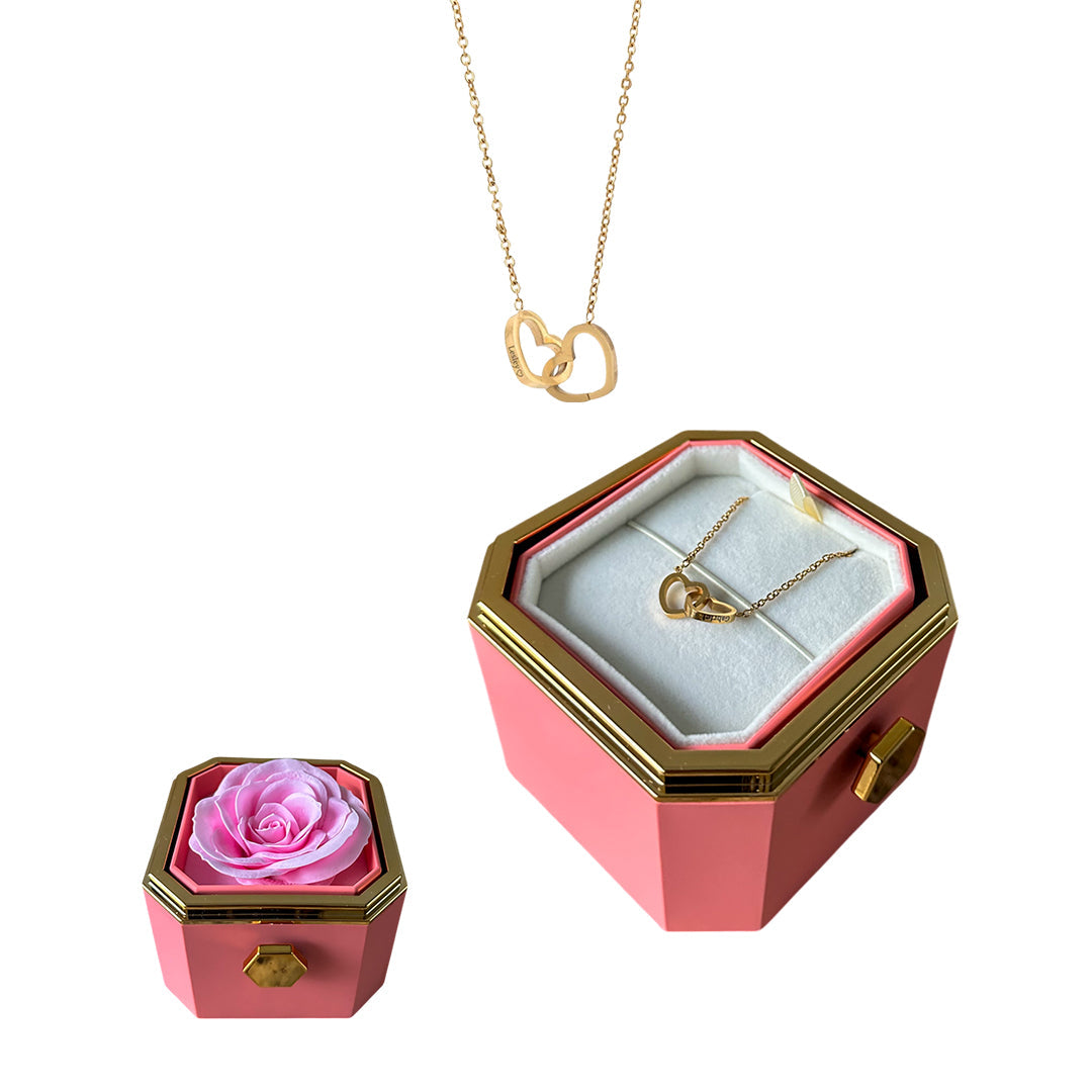 Caixa Rotativa com Rosa Eterna & Colar 2 Corações