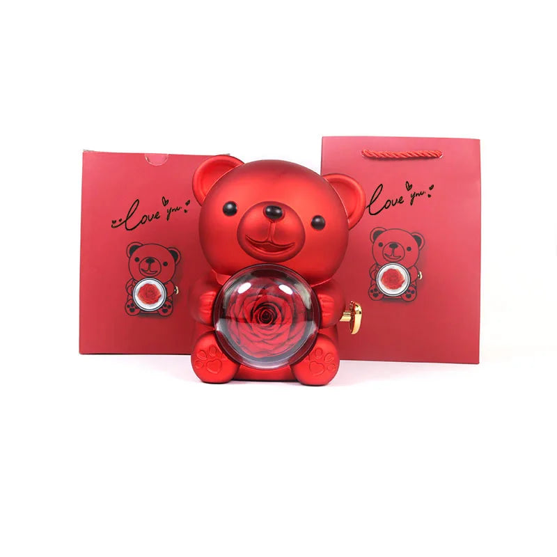 Urso Rotativo com Rosa Eterna & Colar Personalizado + Brinde Surpresa