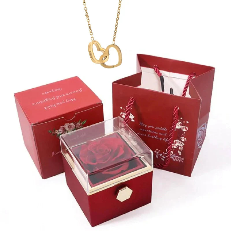 Kit Amor Completo: Rosa Eterna com Colar Personalizado + 2 Chaveiros + Ebook Guia do Amor