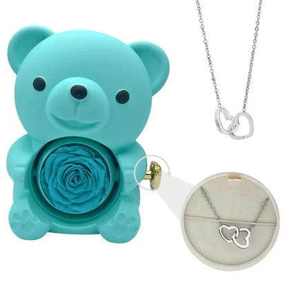 Urso Rotativo com Rosa Eterna & Colar Personalizado + Brinde Surpresa