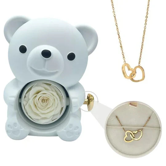 Urso Rotativo com Rosa Eterna & Colar Personalizado + Brinde Surpresa