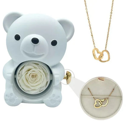 Urso Rotativo com Rosa Eterna & Colar Personalizado + Brinde Surpresa