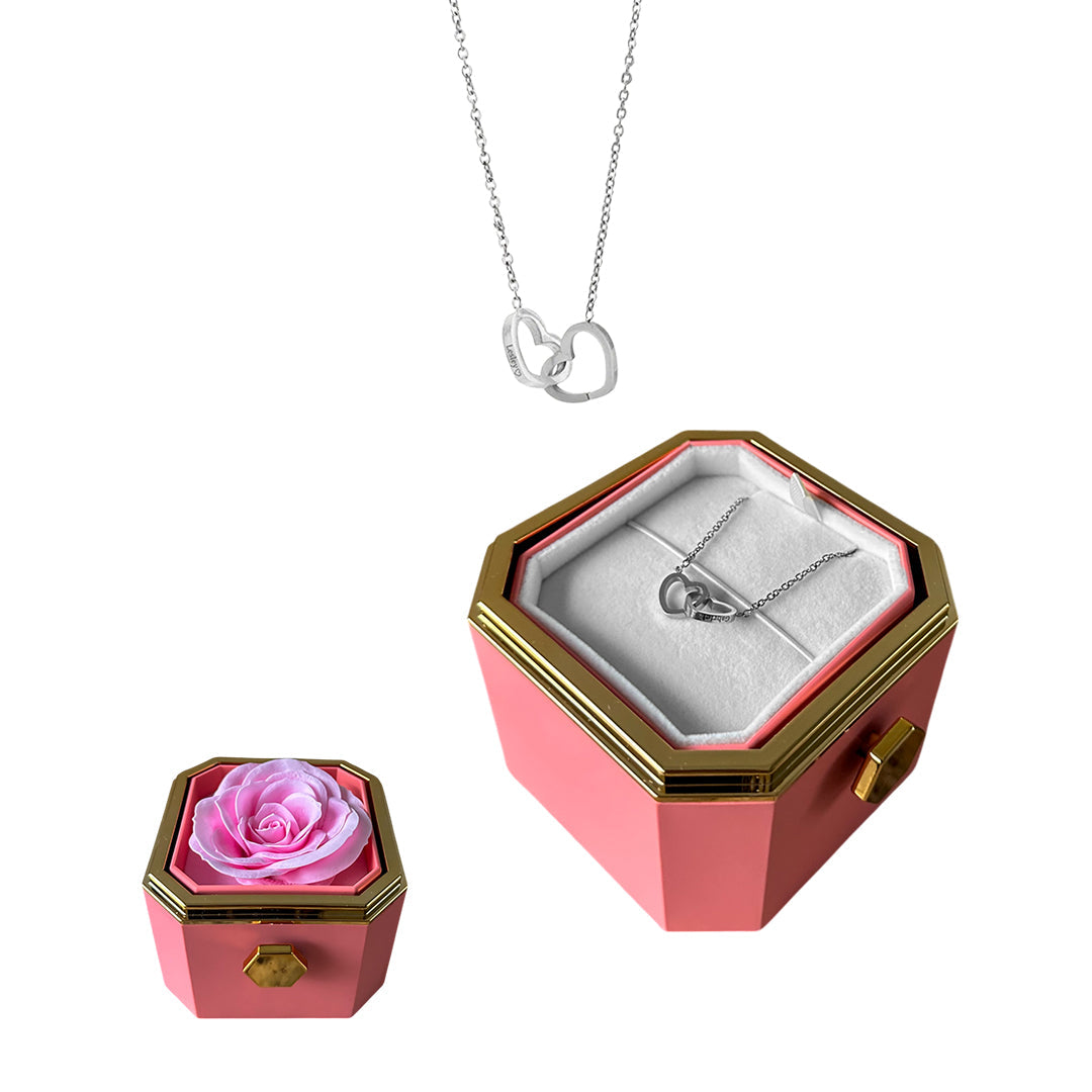 Caixa Rotativa com Rosa Eterna & Colar 2 Corações
