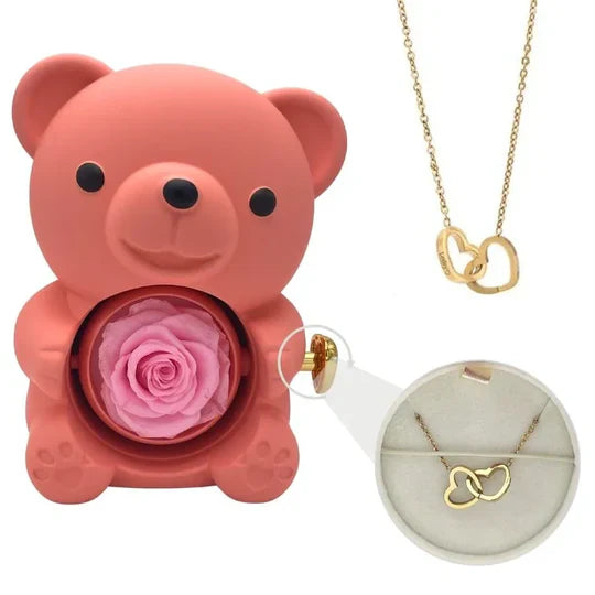 Urso Rotativo com Rosa Eterna & Colar Personalizado + Brinde Surpresa