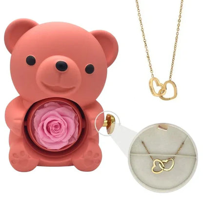 Urso Rotativo com Rosa Eterna & Colar Personalizado + Brinde Surpresa