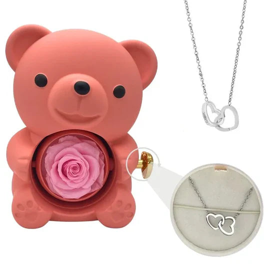 Urso Rotativo com Rosa Eterna & Colar Personalizado + Brinde Surpresa