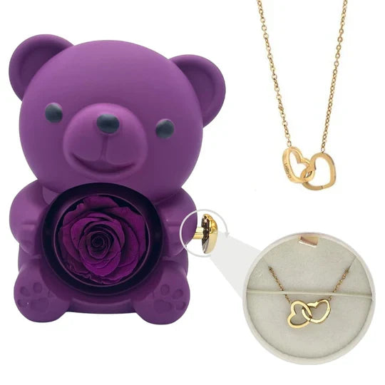 Urso Rotativo com Rosa Eterna & Colar Personalizado + Brinde Surpresa