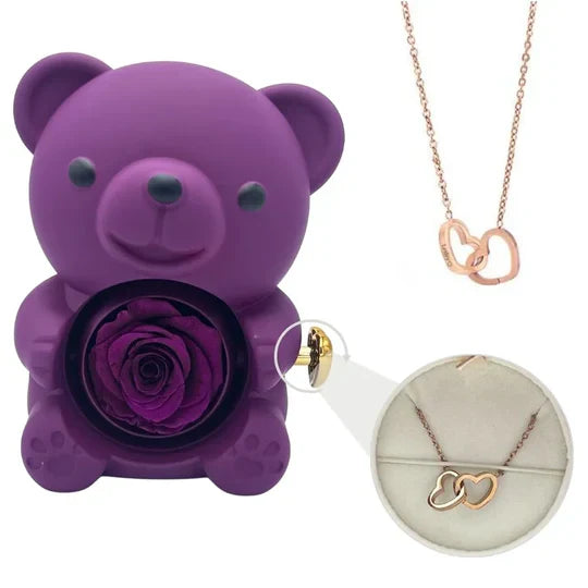 Urso Rotativo com Rosa Eterna & Colar Personalizado + Brinde Surpresa