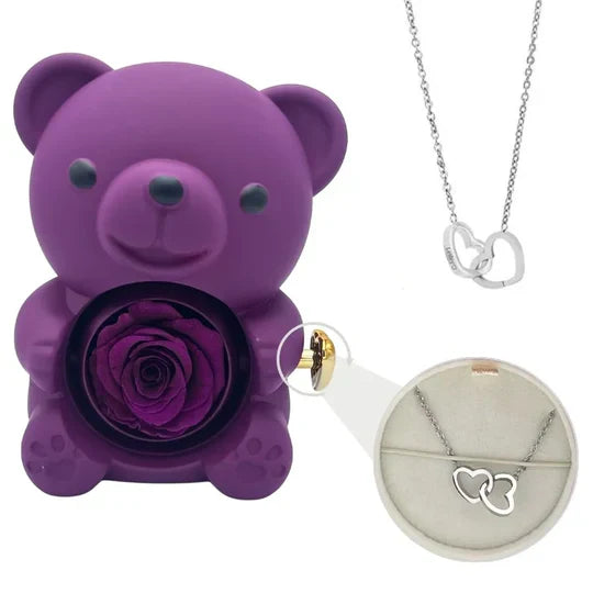 Urso Rotativo com Rosa Eterna & Colar Personalizado + Brinde Surpresa