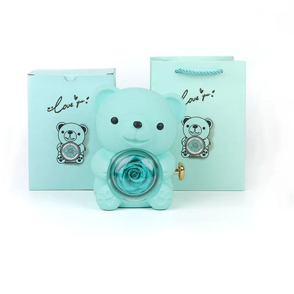 Urso Rotativo com Rosa Eterna & Colar Personalizado + Brinde Surpresa