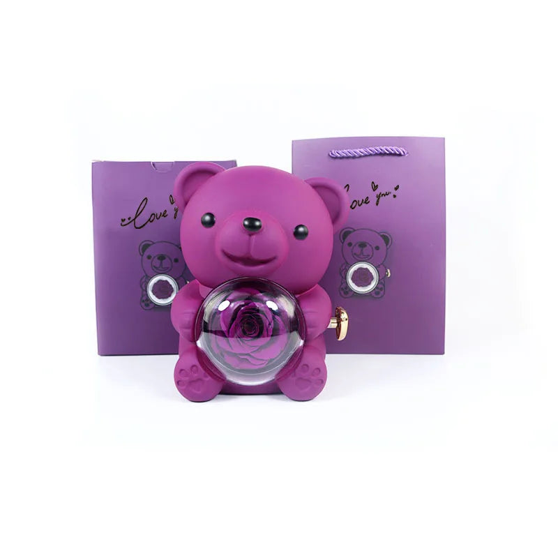 Urso Rotativo com Rosa Eterna & Colar Personalizado + Brinde Surpresa