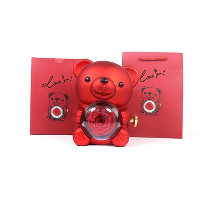 Urso Rotativo com Rosa Eterna & Colar Personalizado + Brinde Surpresa