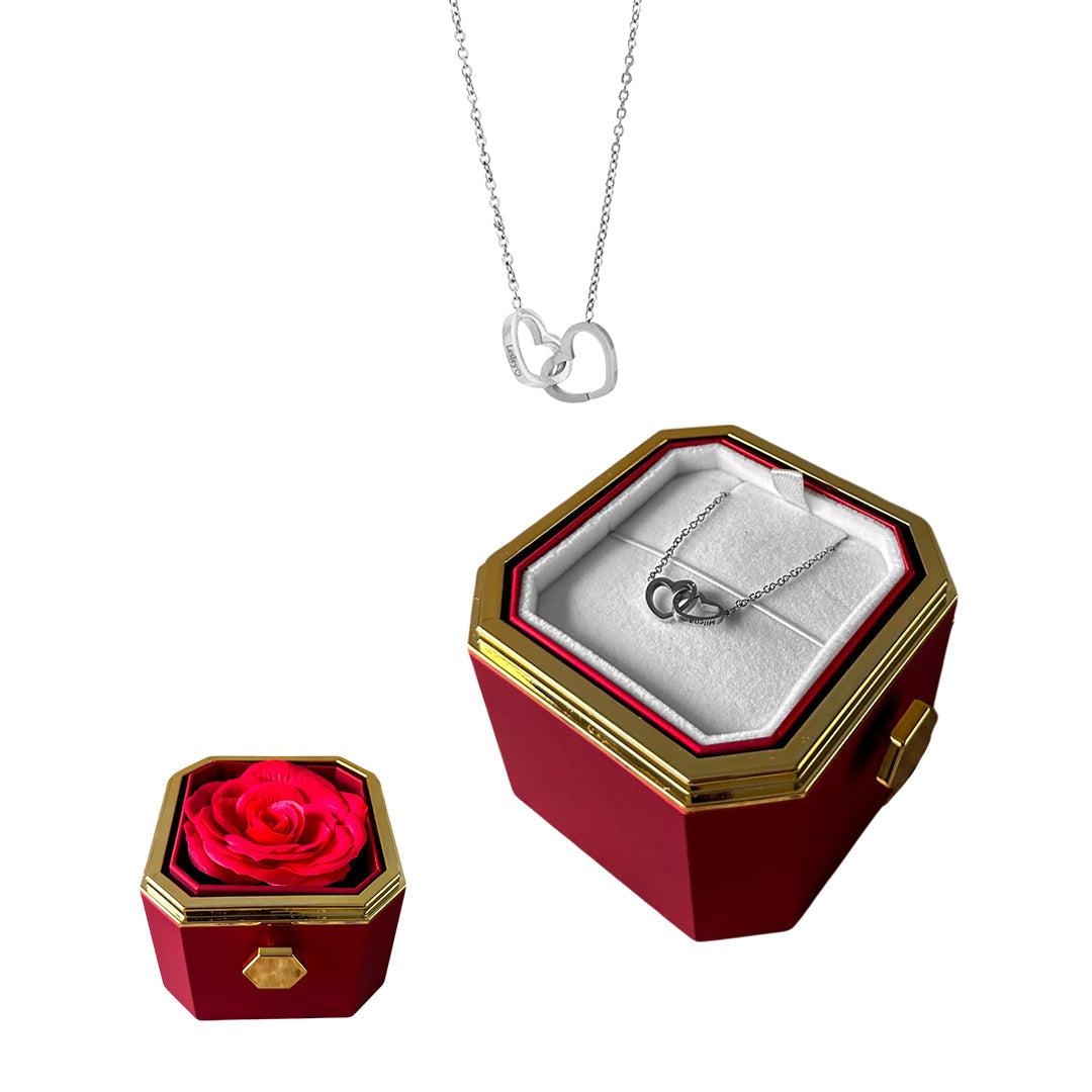 Caixa Rotativa com Rosa Eterna & Colar 2 Corações