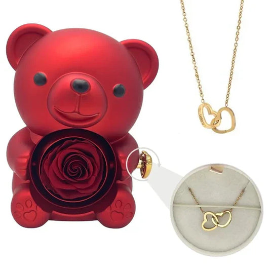 Urso Rotativo com Rosa Eterna & Colar Personalizado + Brinde Surpresa